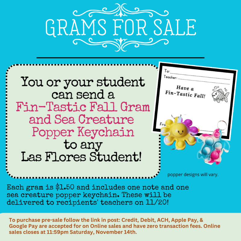 A bright blue background frames a white text box advertising "Fin-Tastic Fall Grams" and "Sea Creature Popper Keychains" for sale, with two colorful pop-it keychains and a small note card in the foreground.