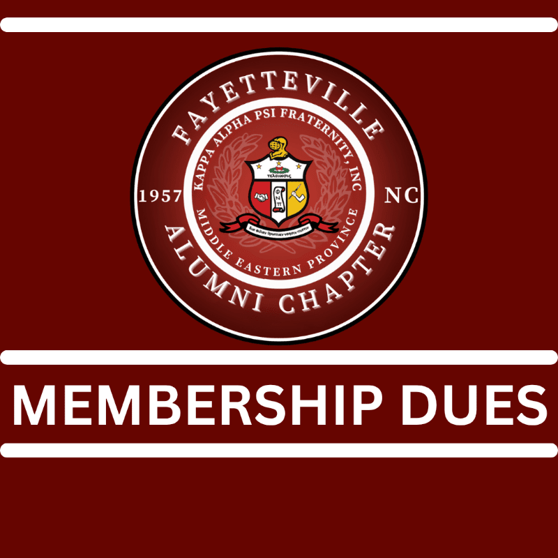 A circular crest for the Fayetteville Kappa Alpha Psi Fraternity, Inc. Alumni Chapter is centered on a maroon background above the words "MEMBERSHIP DUES" in white capital letters.