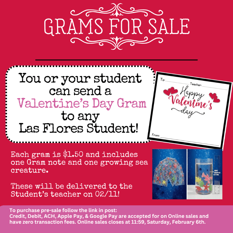 A pink flyer advertises "Grams for Sale" with a Valentine's Day theme, featuring a sample Valentine card and a growing sea creature in the foreground, against a solid pink background with decorative swirls.