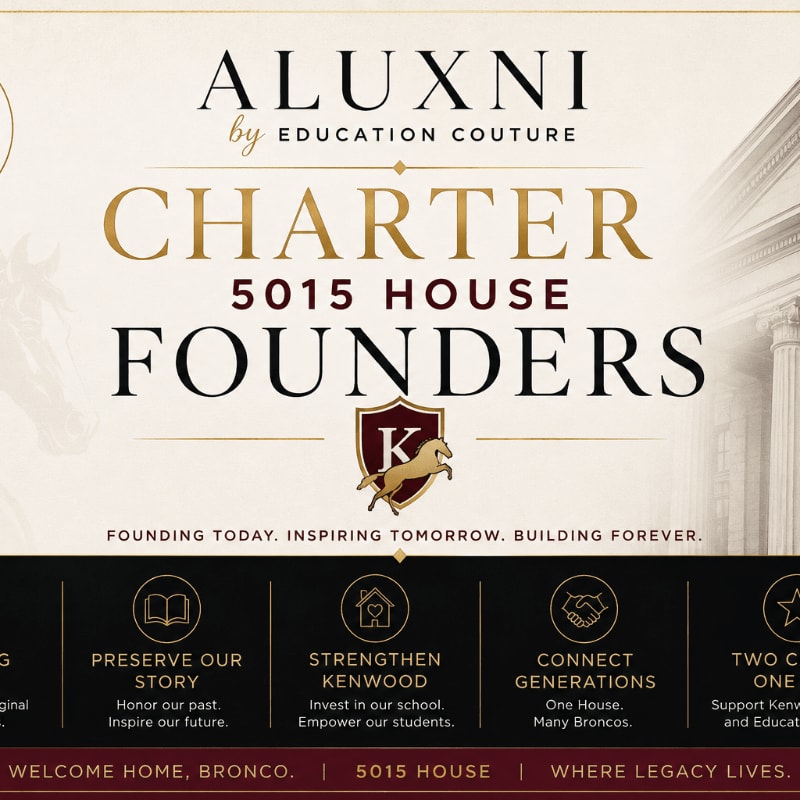 A gold and black banner with "ALUXNI by EDUCATION COUTURE CHARTER 5015 HOUSE FOUNDERS" prominently displayed in the foreground, set against a blurred background of a classical building facade.