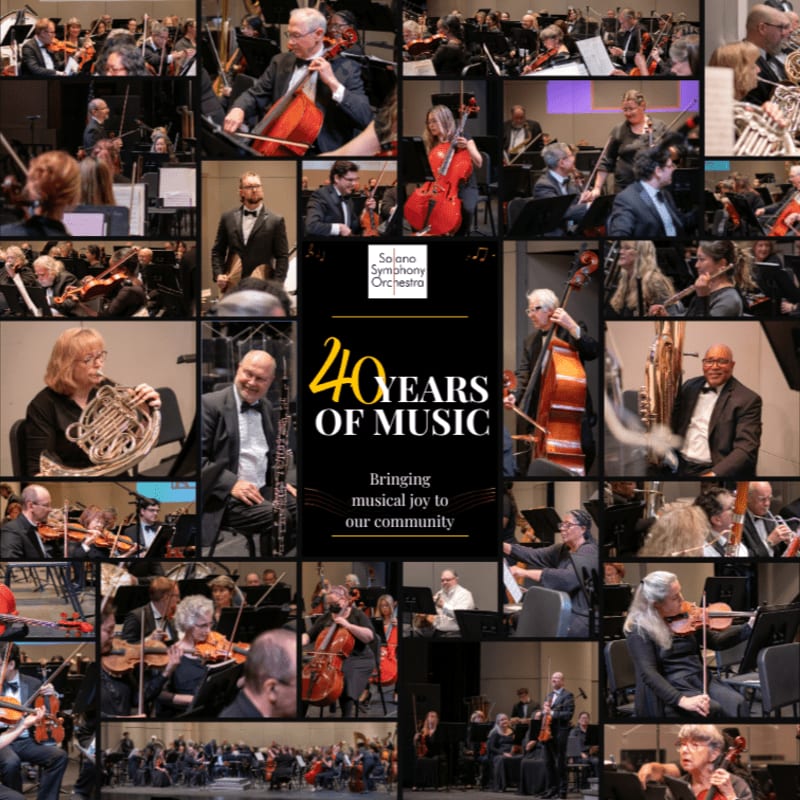 A collage of musicians playing various instruments in an orchestra is displayed, with the Solano Symphony Orchestra's "40 Years of Music" logo prominently featured in the center.
