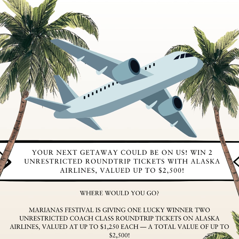A light blue airplane flies between two palm trees in the foreground, with text about winning airline tickets in the background.
