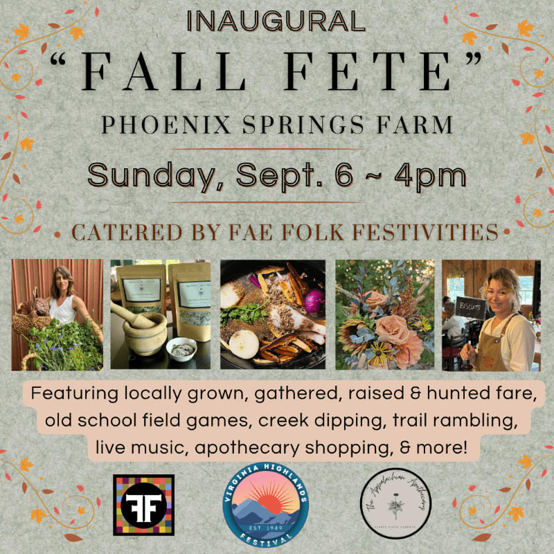 A rustic flyer advertises the "Fall Fete" at Phoenix Springs Farm, featuring a collage of images showcasing farm-fresh food, artisanal products, and outdoor activities.
