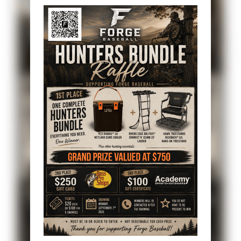 A raffle poster for a "Hunters Bundle" supporting Forge Baseball features a hunter in a tree stand in the background and details of prizes in the foreground.