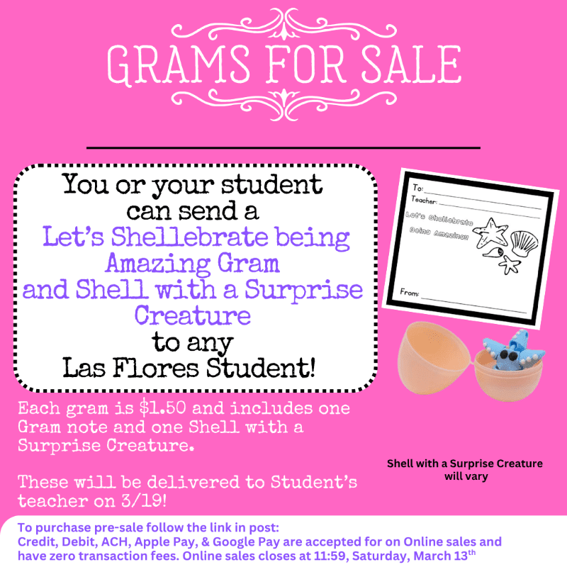 A pink background displays a sale announcement for "Grams for Sale" with a foreground featuring a small toy creature inside an open eggshell and a note card.