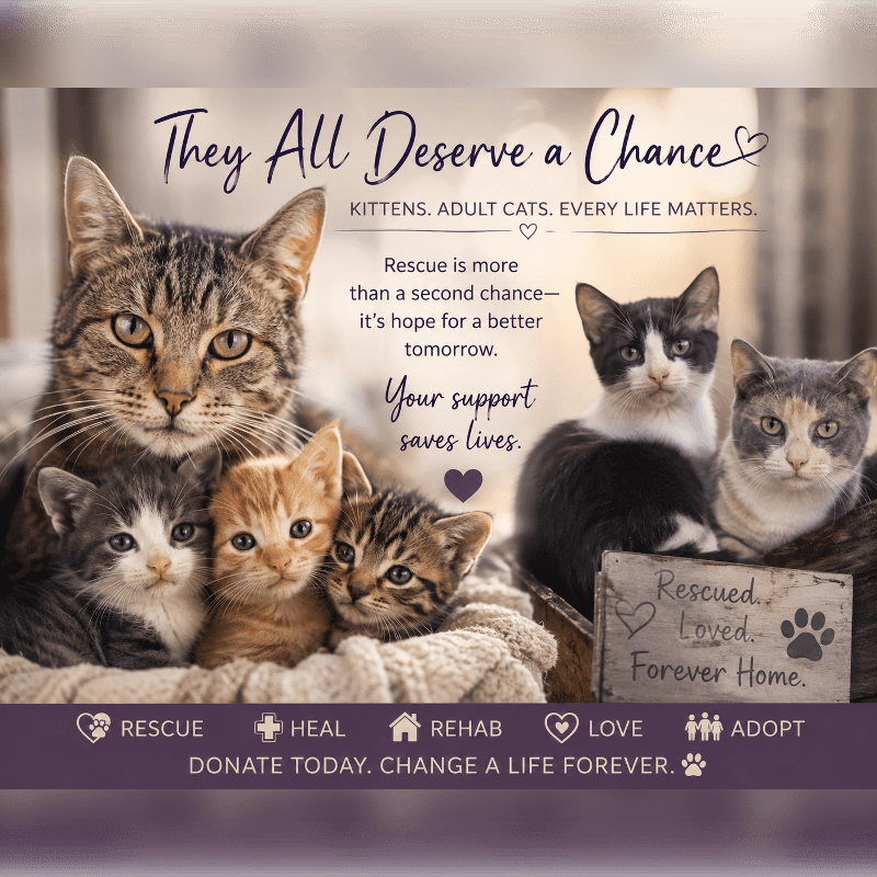 A group of kittens and adult cats are nestled together in the foreground, with a sign reading "Rescued, Loved, Forever Home" to their right, all set against a soft, blurred background with text about rescue and adoption.