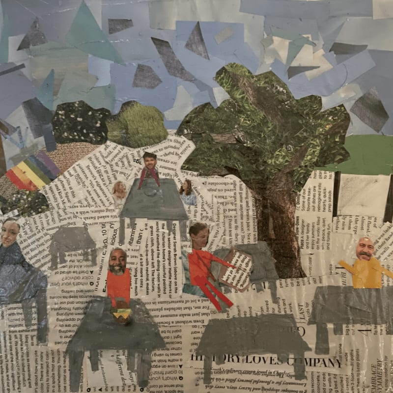 A collage of newspaper clippings forms a whimsical village with figures in the foreground and a textured sky in the background.