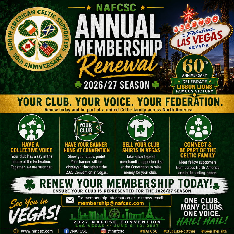 A green poster advertises the NAFCSC annual membership renewal for the 2026/27 season, featuring a Las Vegas skyline in the background and details about membership benefits in the foreground.