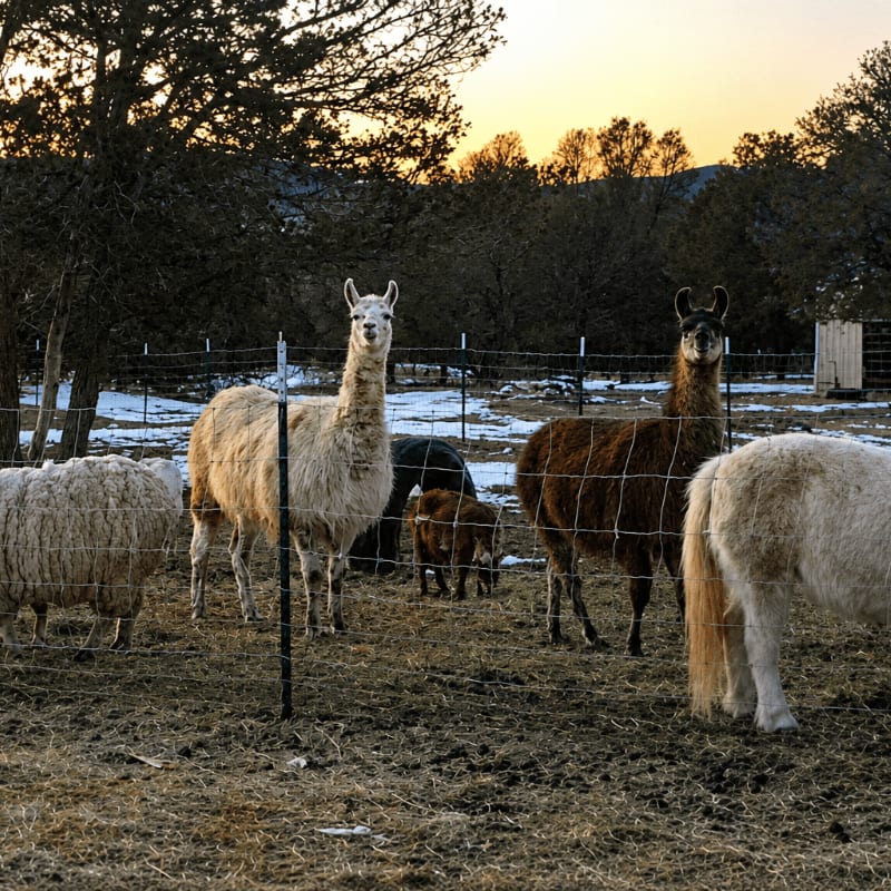 Several llamas and sheep stand in a muddy, fenced enclosure with trees and a warm sunset in the background.