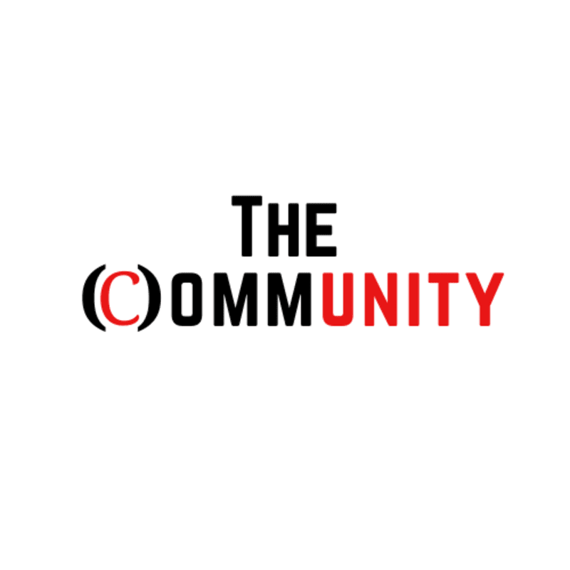 Black text reading "THE" is positioned above a logo with a red "C" inside a black circle, followed by "OMMUNITY" in black and red text, all set against a plain white background.
