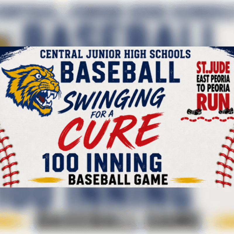 A graphic advertises a "100 Inning Baseball Game" for "Central Junior High Schools" and "St. Jude East Peoria to Peoria Run," featuring a roaring tiger mascot and baseball stitching in the foreground against a blurred blue and white background.