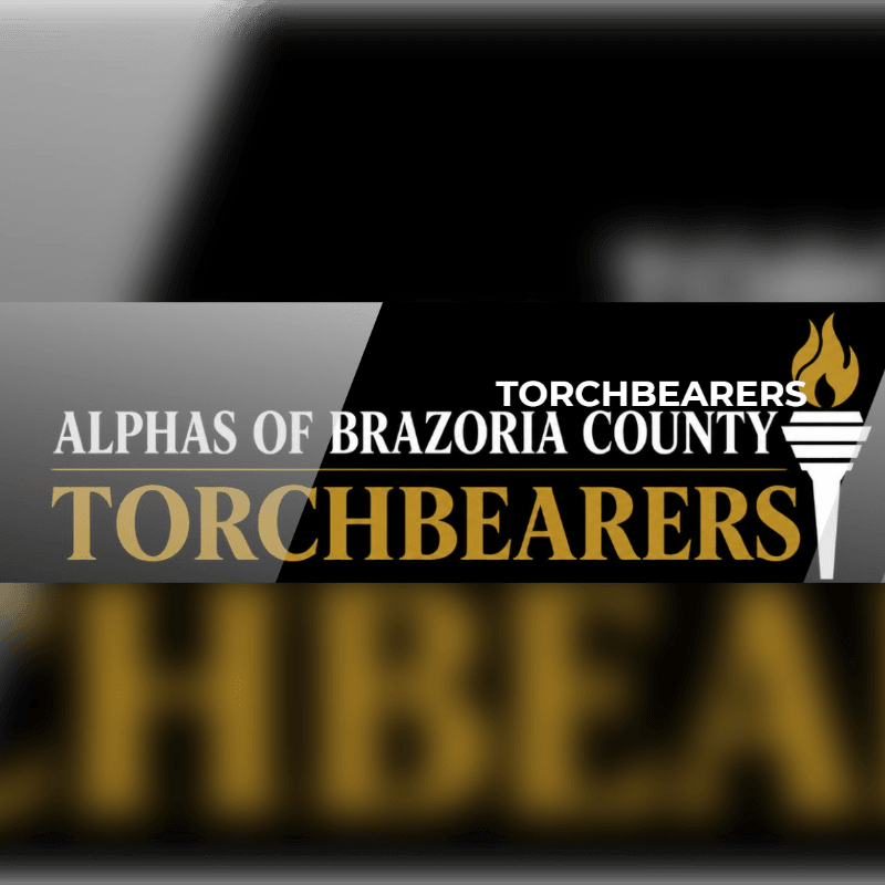 A black and white logo with the words "ALPHAS OF BRAZORIA COUNTY TORCHBEARERS" is displayed in the foreground, with a blurred black and white background.