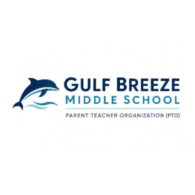 A dark blue dolphin leaps over stylized waves in the foreground, with the words "GULF BREEZE MIDDLE SCHOOL PARENT TEACHER ORGANIZATION (PTO)" in dark blue and teal text on a white background in the background.
