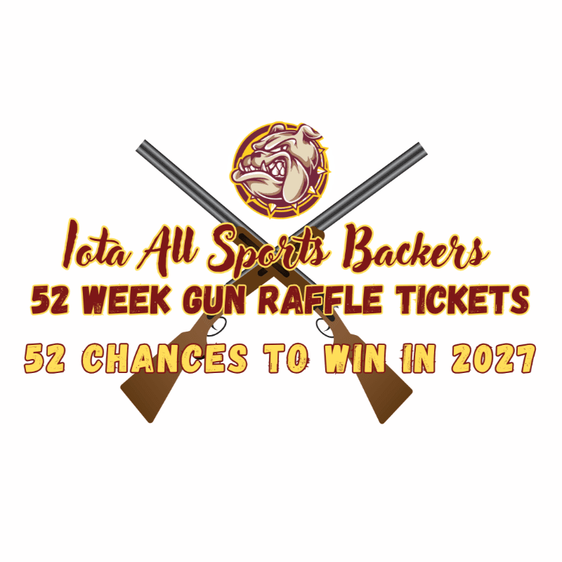 Two crossed shotguns in the foreground frame text announcing a 52-week gun raffle by Iota All Sports Backers, with a bulldog logo in the background.