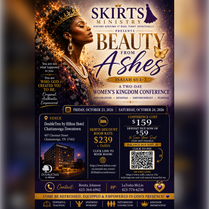 A regal woman with a crown and ornate jewelry is featured in the foreground against a background of text and event details for a women's conference.