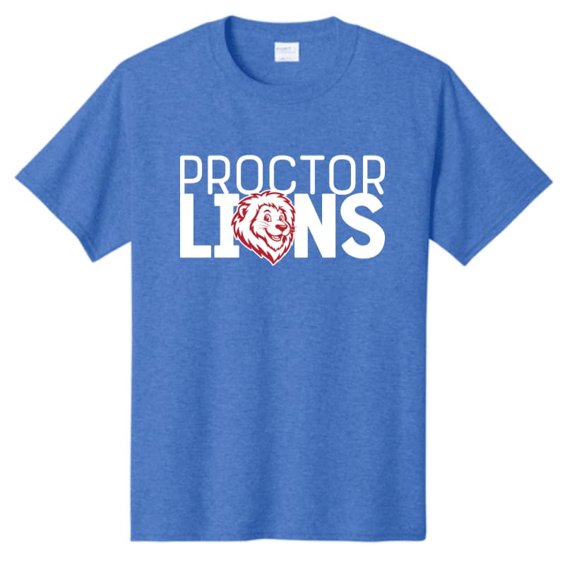 A blue t-shirt with "PROCTOR LIONS" and a lion's head logo is displayed against a plain white background.