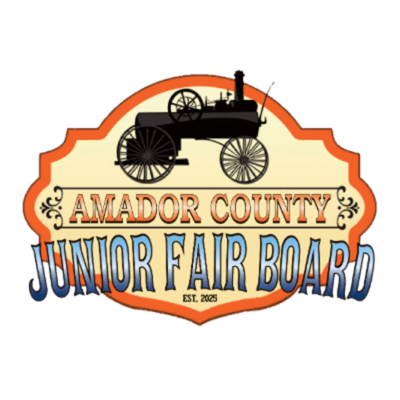 A silhouette of a steam engine sits above the words "AMADOR COUNTY JUNIOR FAIR BOARD EST. 2025" on a decorative banner with a cream and orange background.