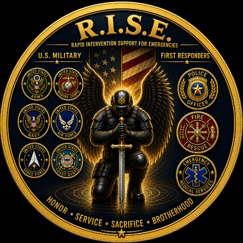 A kneeling armored figure with wings holds a sword in front of a glowing American flag, surrounded by emblems of U.S. military branches and first responder services.