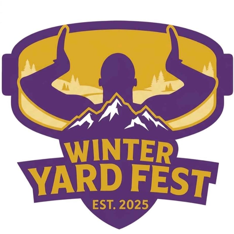 A silhouetted figure with arms raised in celebration stands before snow-capped mountains and pine trees, with the words "WINTER YARD FEST EST. 2025" emblazoned below.
