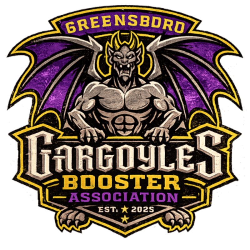 A fierce gargoyle with purple wings is the central figure in the foreground, set against a yellow and black background with the text "GREENSBORO GARGOYLES BOOSTER ASSOCIATION EST. 2025".