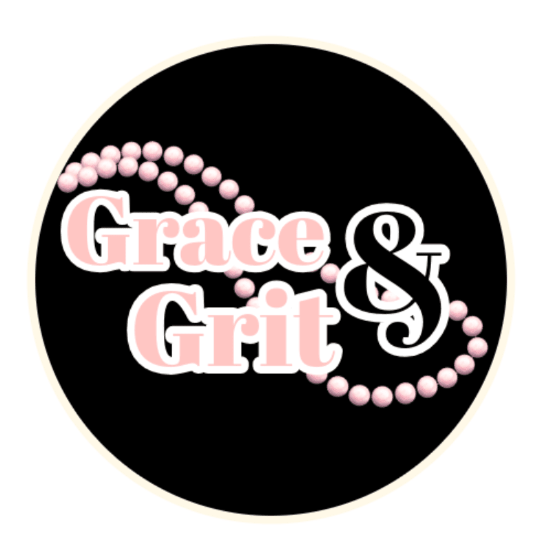 Pink pearls form an infinity symbol around the words "Grace & Grit" in white text with pink outlines, all set against a black circular background.