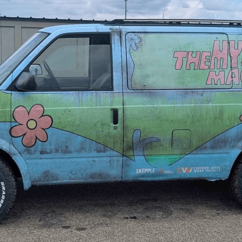 A blue and green Scooby-Doo themed van with a flower decal sits in front of a cloudy sky and a building.