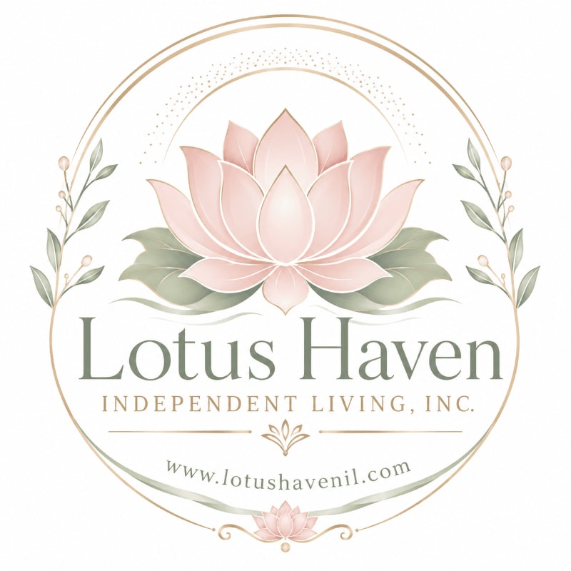 A soft pink lotus flower with green leaves is centered within a circular emblem, featuring the text "Lotus Haven Independent Living, Inc." and a website address, all set against a white background.