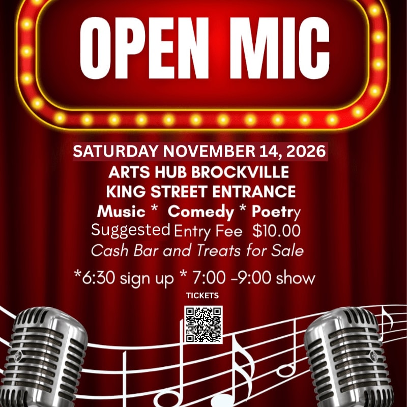 Two vintage microphones frame a musical staff in the foreground, while the background features a red curtain with "OPEN MIC" illuminated in a marquee.