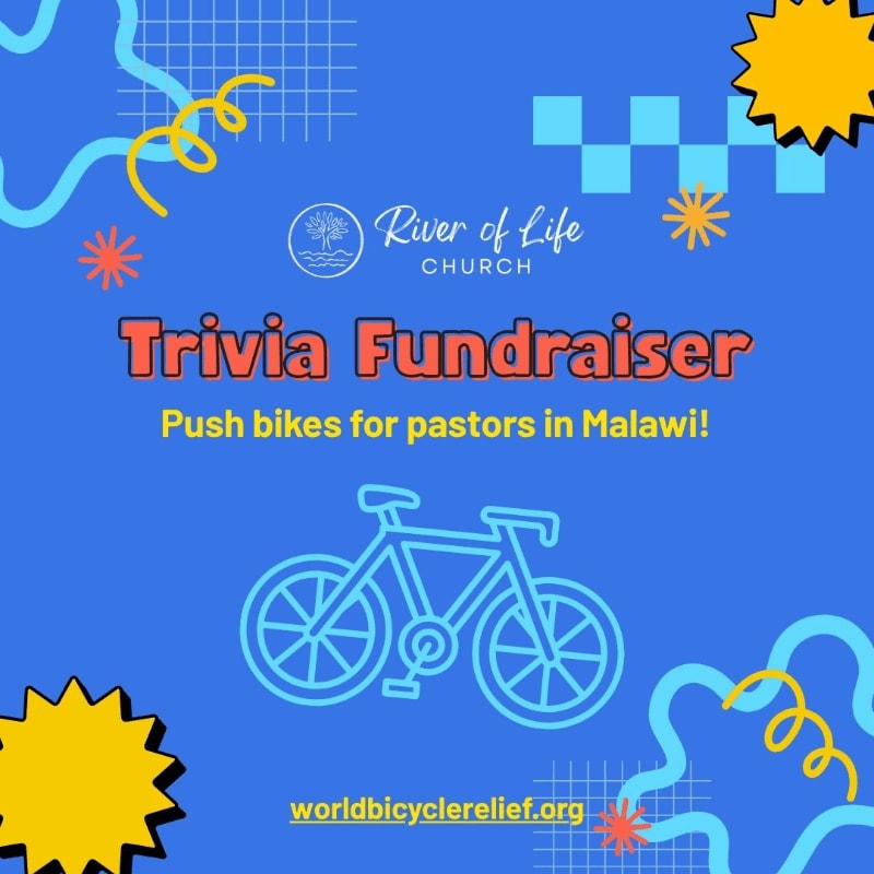 A blue background with a light blue bicycle in the foreground and abstract shapes and text in the background announces a trivia fundraiser for pastors in Malawi.