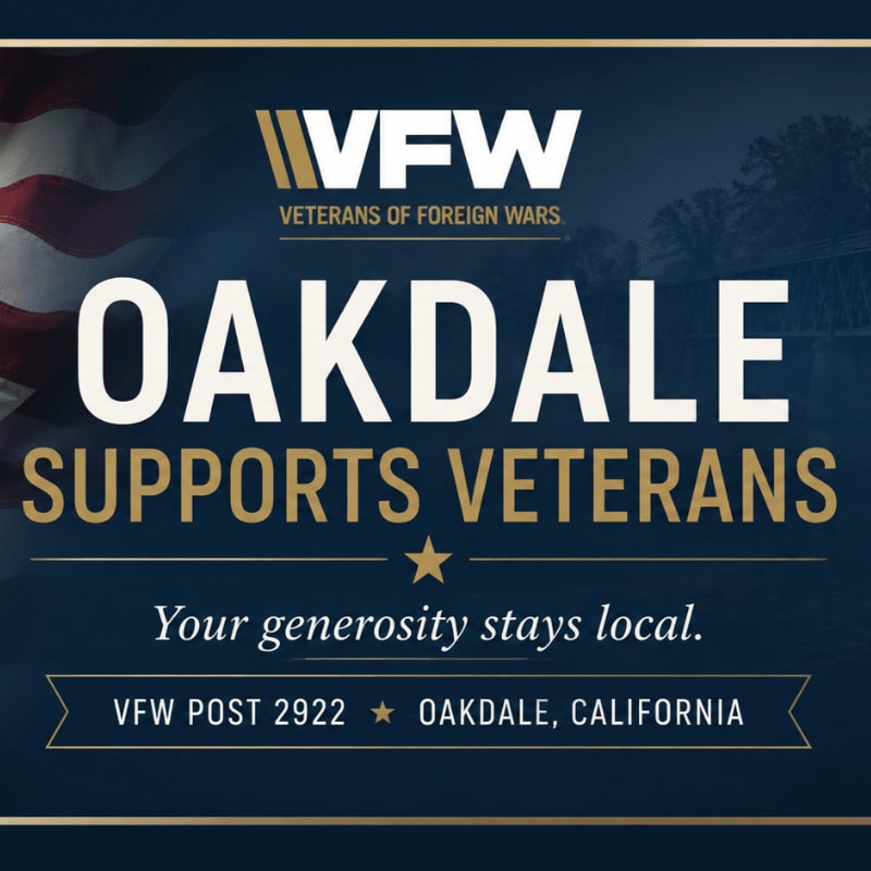 A VFW logo and "Oakdale Supports Veterans" text are prominently displayed in the foreground, with a blurred American flag and a hint of a bridge in the background.