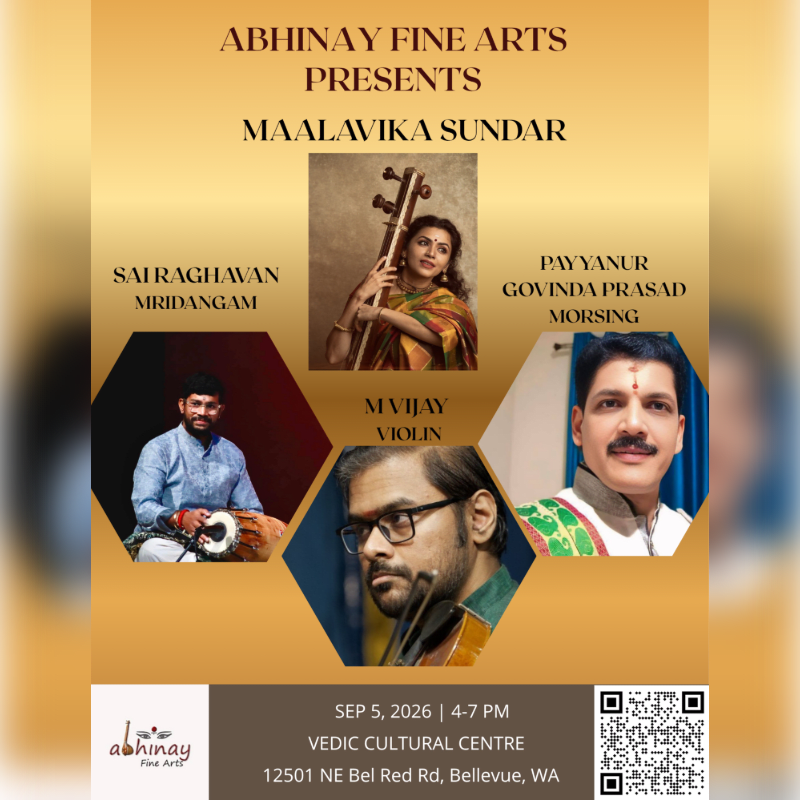 A poster for a musical performance features portraits of the artists in hexagonal frames against a golden gradient background, with event details at the bottom.