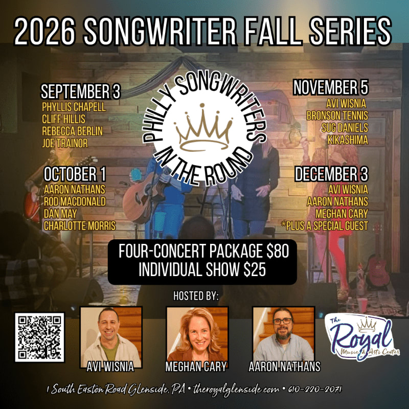 A rustic wooden stage with musicians performing is in the background, while the foreground displays event details including dates, performers, pricing, and hosts.