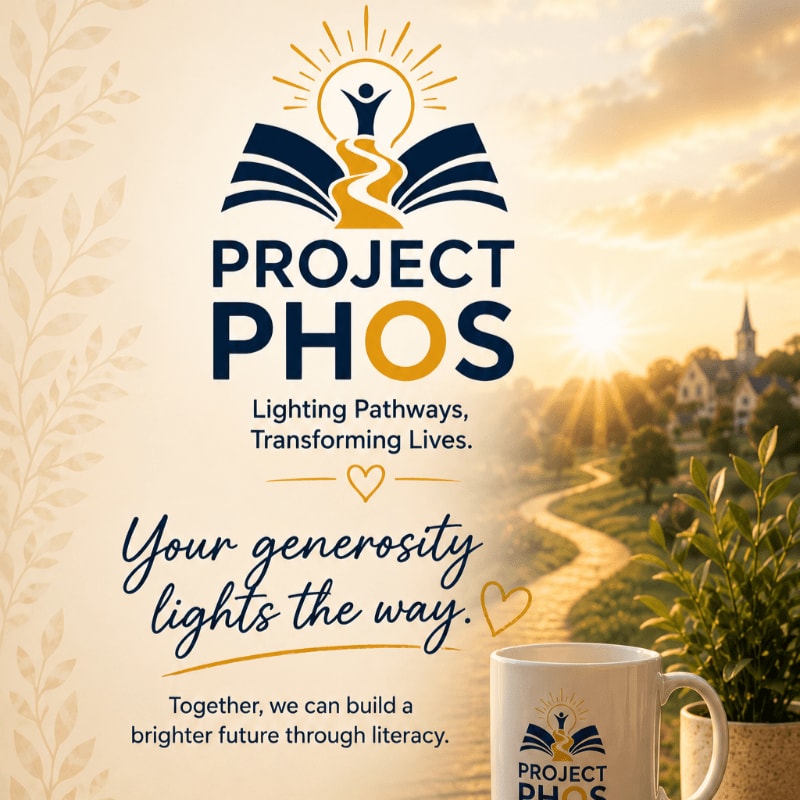 A white mug with the "Project Phos" logo sits in the foreground, with a scenic background of a winding path leading towards a sunlit town.