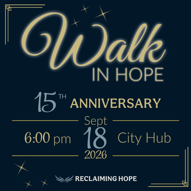 A dark blue background with glowing text announces "Walk in Hope 15th Anniversary" with event details and a logo at the bottom.