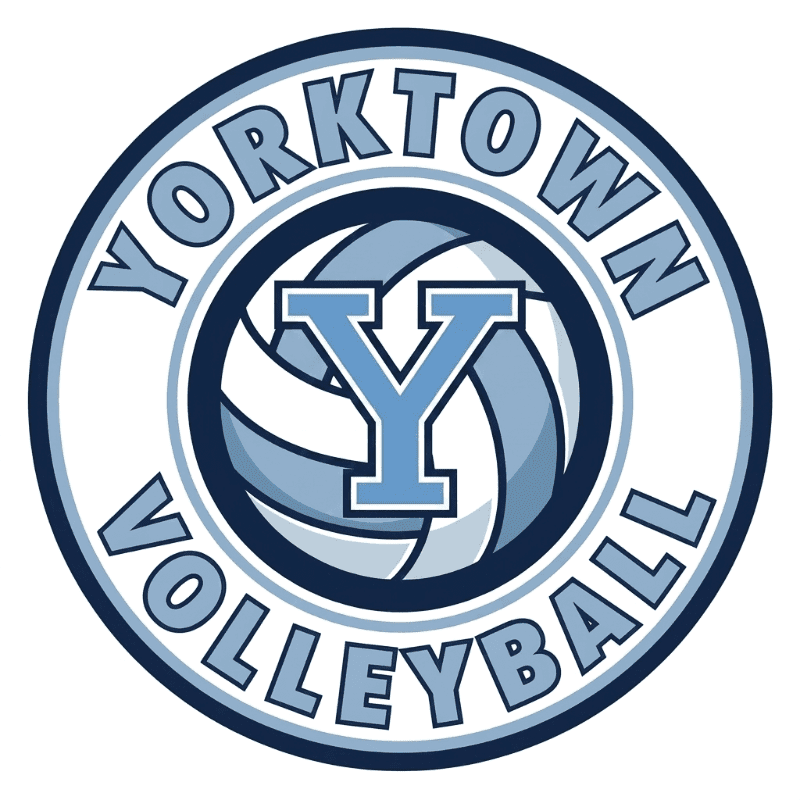 A blue and white circular logo features the word "YORKTOWN VOLLEYBALL" around a stylized volleyball with a prominent "Y" in the center.