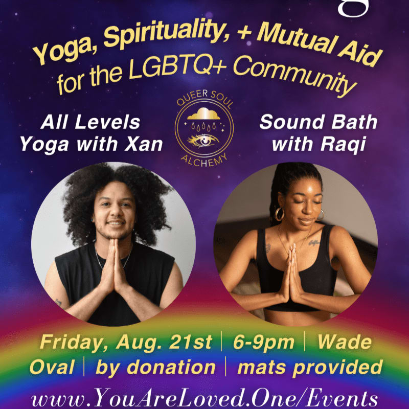 Two individuals, one with curly hair and the other with braided hair, are featured in circular portraits against a purple, starry background with rainbow accents, promoting a yoga and sound bath event for the LGBTQ+ community.