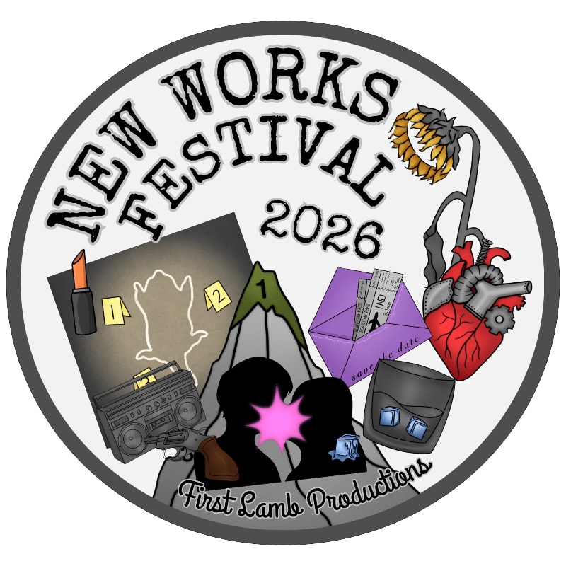 A circular emblem for "New Works Festival 2026" features a lipstick, a ghost outline with evidence markers, a boombox, mountains, a kissing couple, a purple box with "save the date" and papers, a glass of ice, and a wilting sunflower with a heart.