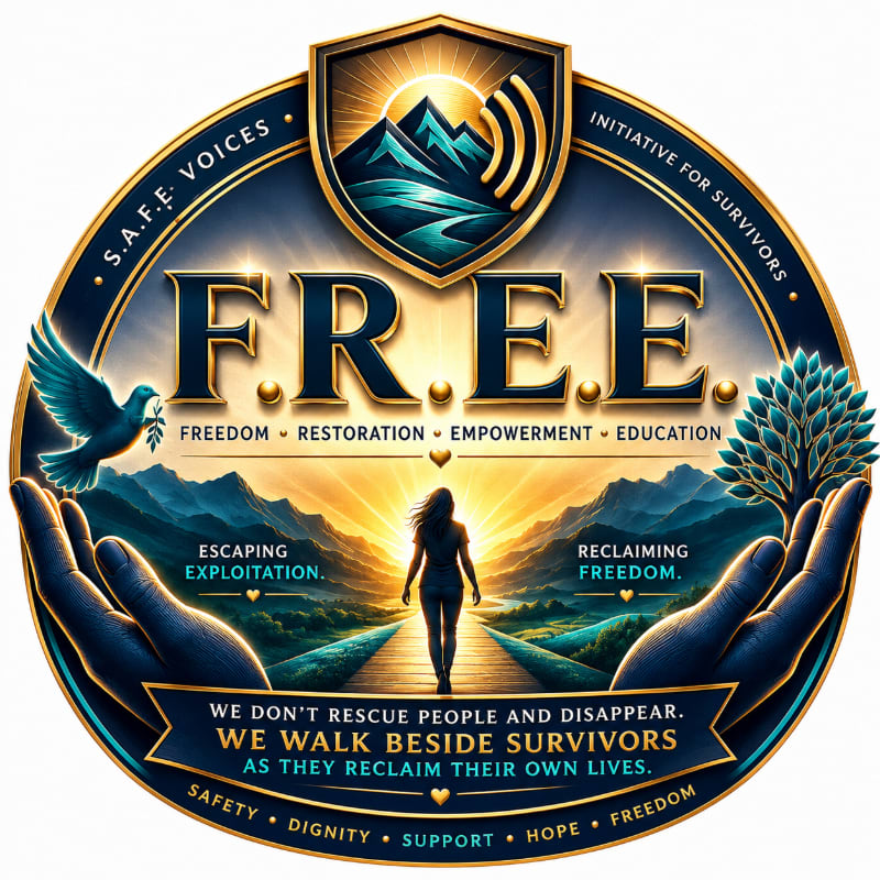 In the foreground, hands cradle a path leading to a silhouetted figure walking towards a sunrise, while the background features a mountain crest with radiating sound waves and the word "FREE" prominently displayed.