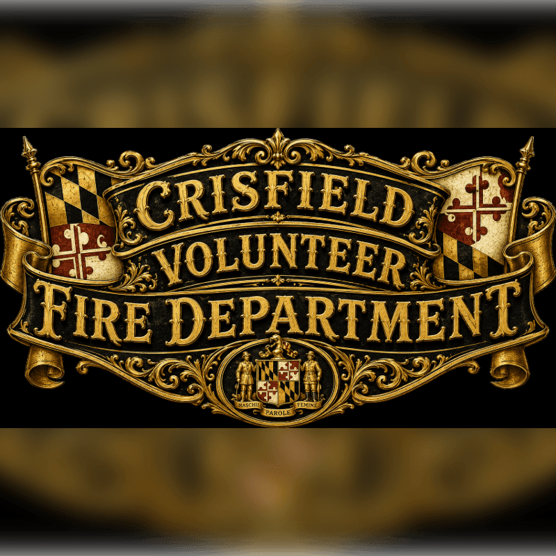A golden emblem with "CRISFIELD VOLUNTEER FIRE DEPARTMENT" inscribed on it is set against a blurred, dark background with ornate golden accents.