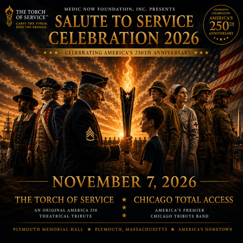A group of people in historical and modern attire stand together in the foreground, passing a torch, while a vibrant, fiery background with an American flag suggests a celebratory event.