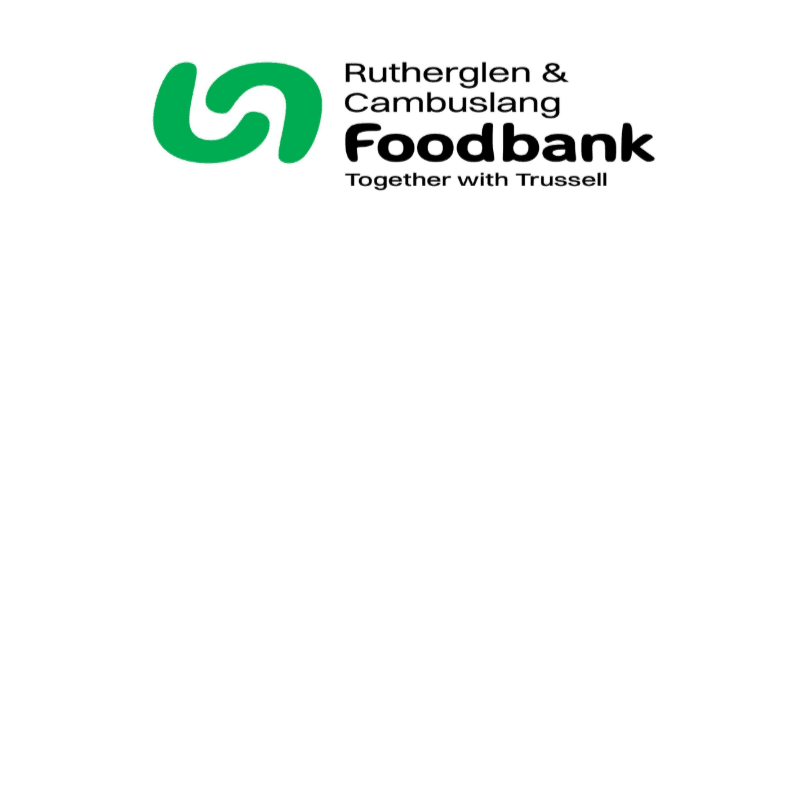 A green swirl logo is in the foreground, with the text "Rutherglen & Cambuslang Foodbank Together with Trussell" to its right, all set against a plain white background.