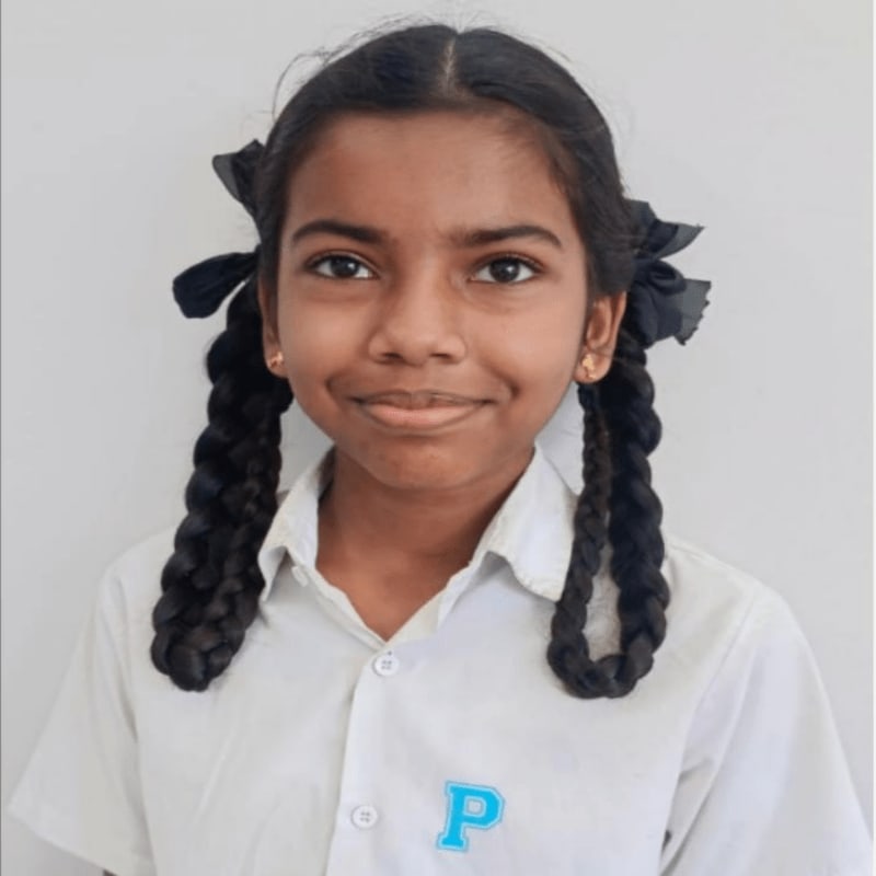 A young girl with braided pigtails smiles at the camera in front of a plain white background.