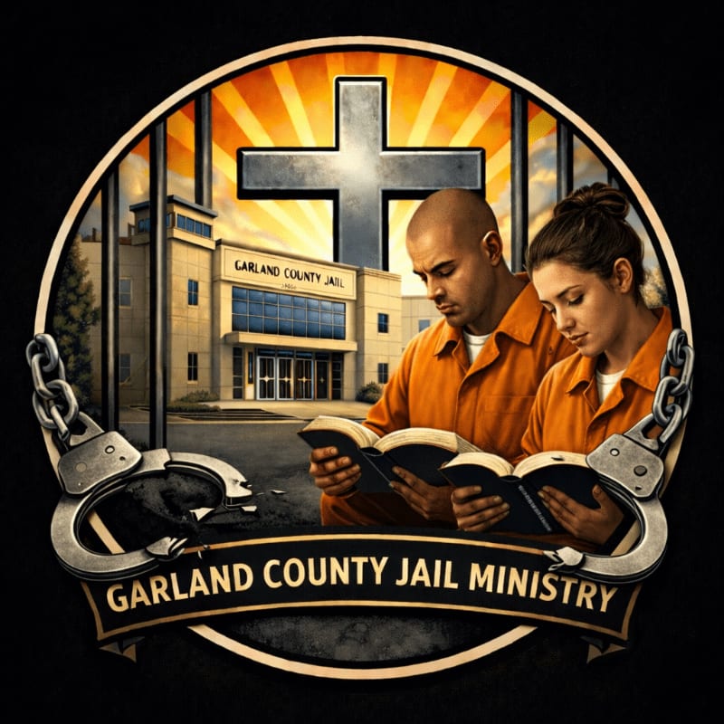Two inmates in orange jumpsuits read Bibles in the foreground, with a jail building and a cross silhouetted against a bright sky in the background, framed by handcuffs and a banner reading "GARLAND COUNTY JAIL MINISTRY."