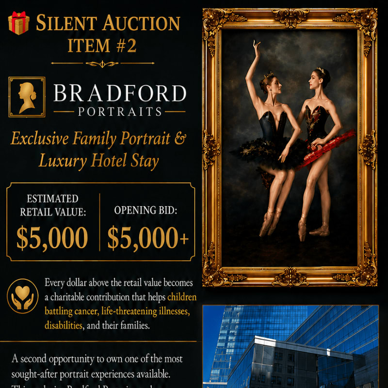 A flyer advertises a silent auction for a portrait and hotel stay, featuring a framed painting of two ballerinas in the foreground and a modern skyscraper in the background.