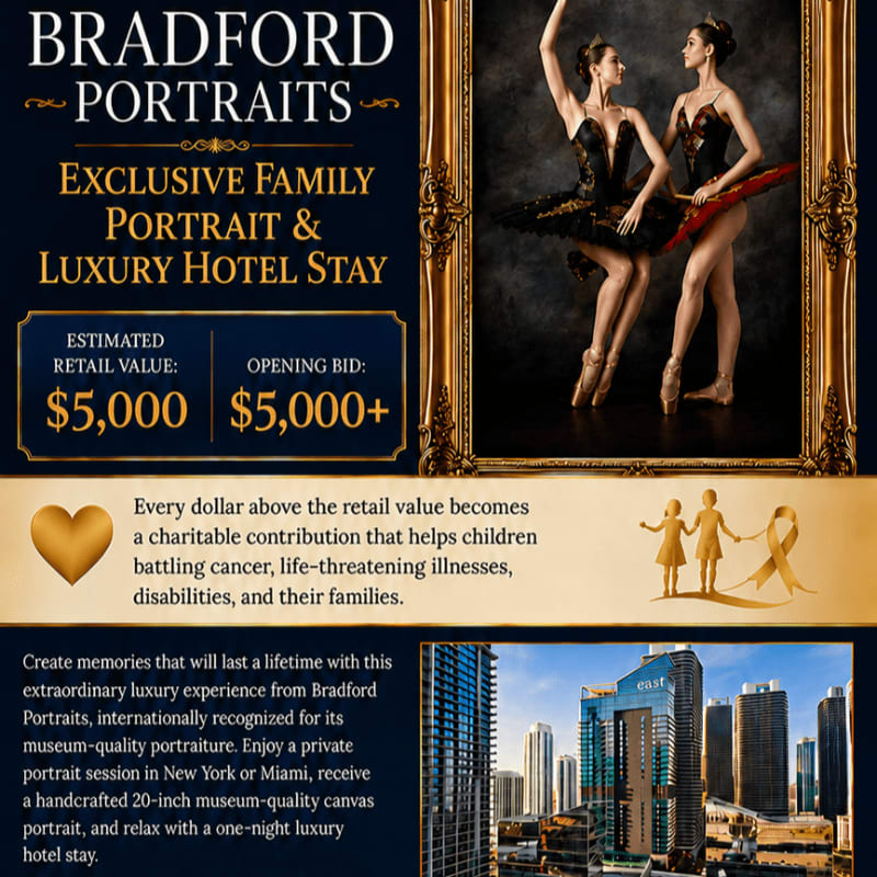 Two ballerinas in ornate costumes are framed by a golden border in the background, while the foreground displays text about an exclusive family portrait and luxury hotel stay package.