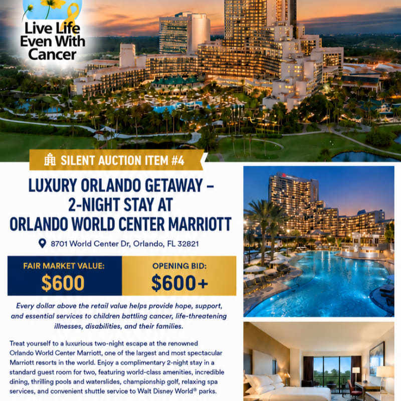 A luxurious Orlando getaway at the Marriott is advertised in the foreground, with a sprawling resort and golf course visible in the background.