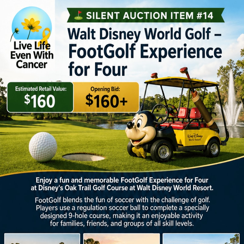 A golf ball sits on a green fairway in the foreground, with a Mickey Mouse-themed golf cart and a fountain in the background, all under a banner advertising a silent auction item.