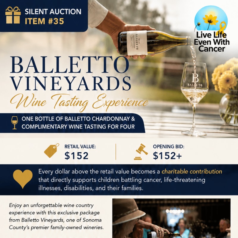 A hand pours Chardonnay from a bottle into a glass in the foreground, with a blurred background of sunflowers and a "Live Life Even With Cancer" logo.