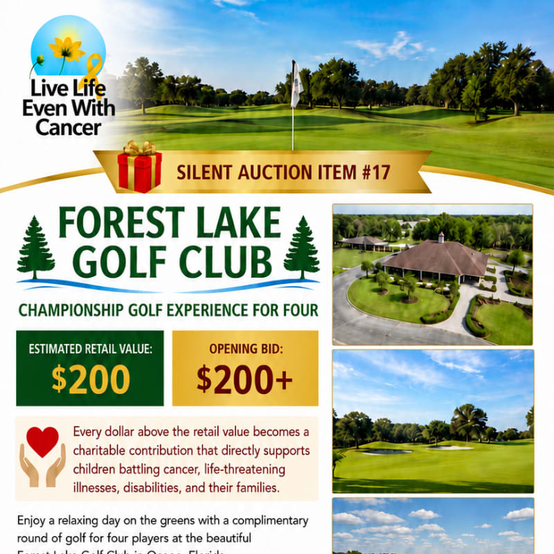 A golf course with a clubhouse in the background is advertised for a silent auction item benefiting children with cancer.