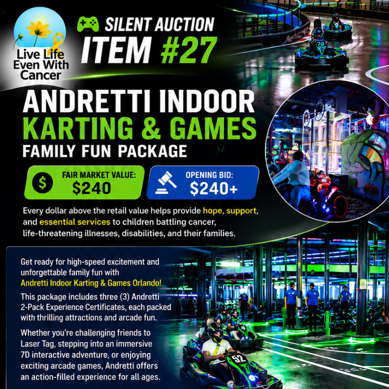 In the foreground, a flyer advertises a silent auction item for Andretti Indoor Karting & Games, while the background shows people enjoying go-karting and arcade games.